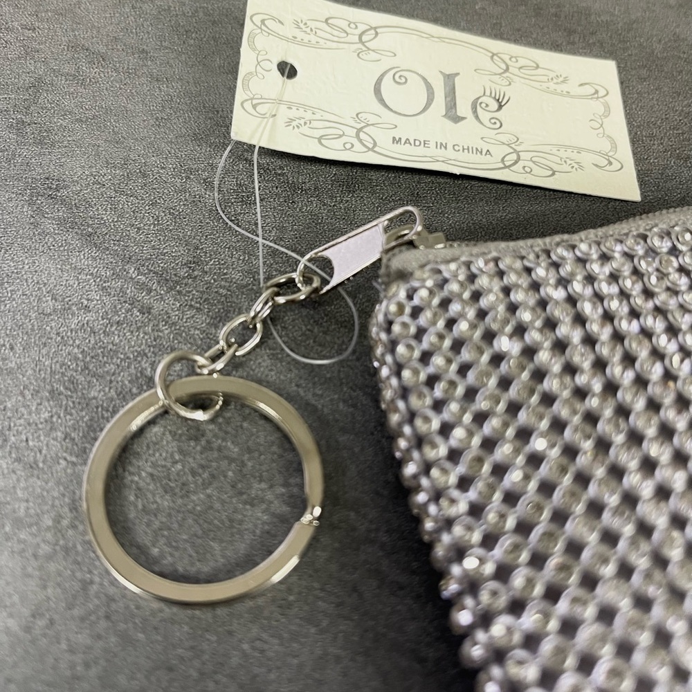 Silver Rhinestone Key Chain Zipper Card/Coin Pouch - Picture 3 of 4